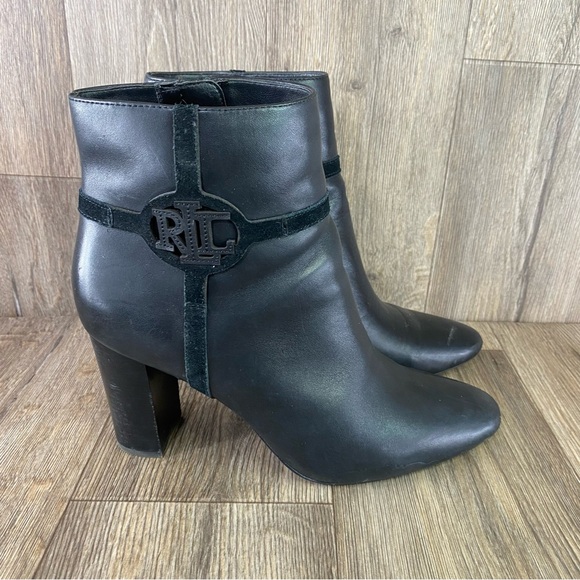 Ralph Lauren Marleigh Womens 11 Black Leather Heeled Booties Ankle Boots Zip Up - Picture 2 of 9
